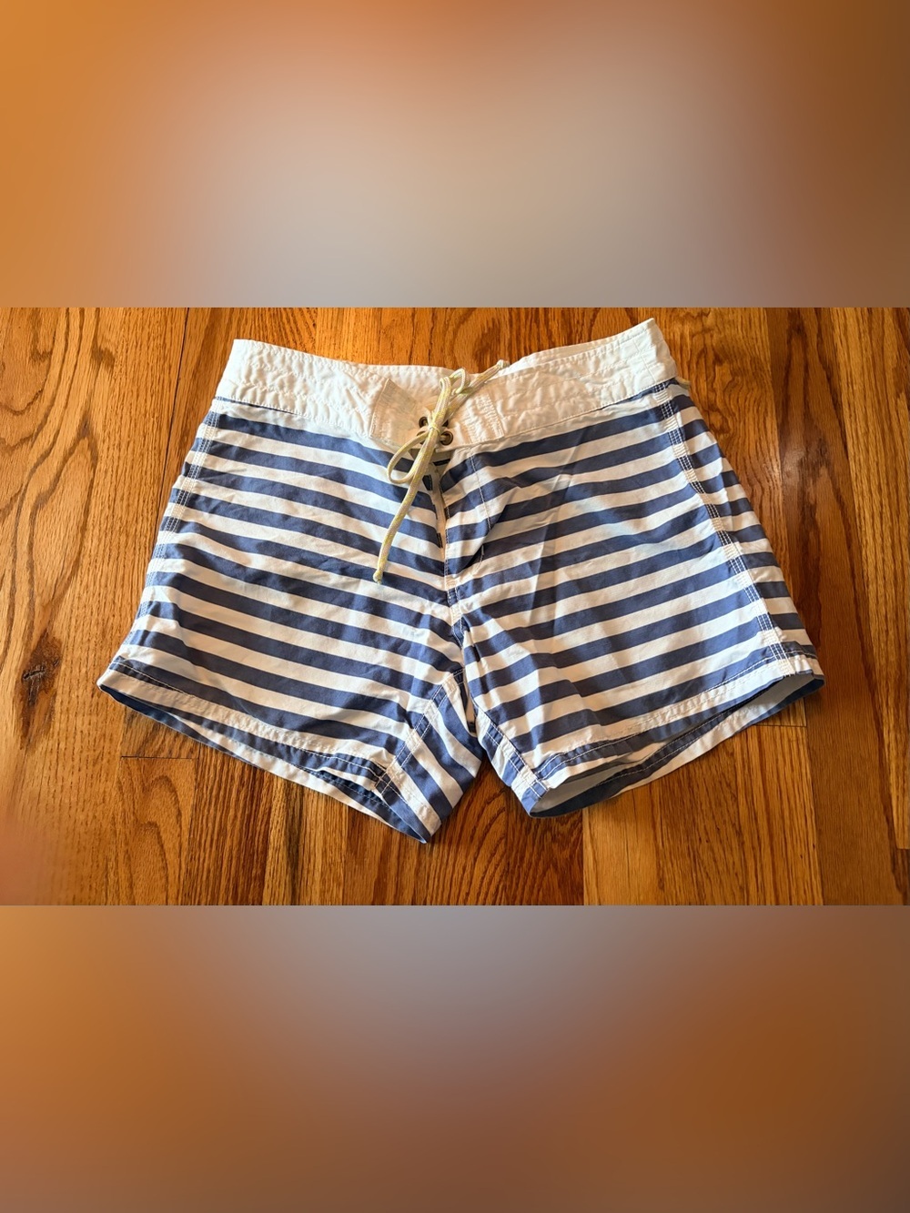 J. Crew Light Blue and White Striped Board Swim Shorts